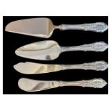 WALLACE ROSE POINT GROUP COMPRISING 2 SMALL CAKE SERVERS AND 2 SMALL BUTTER KNIVES, ONE NOTCHED, WITH STERLING SILVER HANDLES AND STAINLESS STEEL BLADES