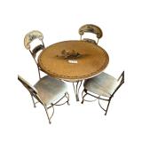 DINING TABLE W/ ROOSTER MOTIF AND 4 MATCHING CHAIRS (1 CHAIR AS-IS) APPROX. 41” DIAMETER