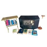 SMALL WOODEN BOOKSHELF, ASSORTMENT OF BOOKS, ENTERTAINMENT STAND, WOODEN ASH TRAY STAND