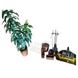 FIREPLACE TOOLS, MATCHBOX HOLDER, CHEESE BOX, RUBBER PLANT, MAGAZINE RACK, BRASS FIREWOOD HOLDER W/ DURAFLAME LOGS