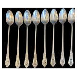 SET OF 8 WALLACE ROSE POINT STERLING SILVER LONG TEASPOONS, APPROX. 7.28 TROY OZ., 226.6 GRAMS