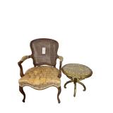 VINTAGE LOUIS XV-STYLE CHAIR AS-FOUND (TEARING IN UPHOLSTERY), WOODEN GOLD-TONE SIDE TABLE W/ GLASS TOP - APPROX. 18” TALL X 20.5” DIAMETER