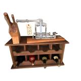WOODEN 8-BOTTLE WINE RACK, MUG W/ KITCHEN UTENSILS, KNIFE BLOCK, 3 KITCHEN KNIVES