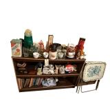 COCA-COLA BOTTLES, VINTAGE NABISCO CRACKER TIN, CHILDREN’S BOOKS, CUPS, PLANTERS, PEPSI-COLA TIN, 2 VINTAGE TELEVISION TRAYS, ETC.
