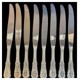 SET OF 8 ROSE POINT BUTTER KNIVES WITH STERLING SILVER HANDLES AND STAINLESS STEEL BLADES