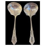 PAIR OF LARGER ROSE POINT STERLING SILVER SOUP SPOONS, APPROX. 3.72 TROY OZ., 115.6 GRAMS
