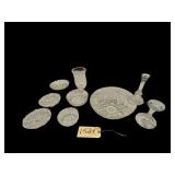 LOT OF ASSORTED CLEAR PATTERN GLASSWARE: STAR OF DAVID PATTERN SERVING BOWL, FOOTED DISH, 2 OTHER DISHES, 2 OTHER BOWLS, 2 CANDLEHOLDERS, VASE