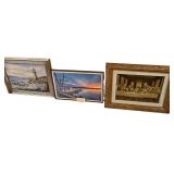 PRINT IN GOLD-GILDED FRAME DEPICTING THE LAST SUPPER, LIGHTHOUSE OCEAN SCENE OIL ON CANVAS, TROLLER OCEAN PRINT