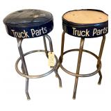 2 FORD SHOP STOOLS AS-FOUND (1 TOP MISSING, 1 TOP REPAIRED W/ TAPE)