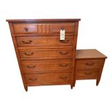 BASSETT 5-DRAWER WOODEN CHEST - APPROXIMATELY 45.5” TALL X 33” WIDE X 18” DEEP - W/ MATCHING NIGHTSTAND - APPROXIMATELY 24” TALL X 20” WIDE X 15” DEEP