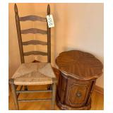 WOODEN LADDER BACK CHAIR W/ WOVEN SEAT, WOODEN 1-DOOR SIDE TABLE