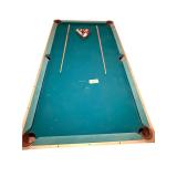 VINTAGE POOL TABLE, 2 CUE STICKS, CHALK, 2 CUE BALLS, 13 POOL BALLS