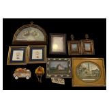 8 ASSORTED FRAMES TO INCLUDE COUNTRY CHURCH SCENE, VICTORIAN-STYLE BODICE BLOUSE WITH PUFFED SLEEVES X 2, “THE NEW MARKET PLACE, HAMBURGH”, THE TEN COMMANDMENTS, 2 STONE CASTLE SCENES, DECORATIVE 
