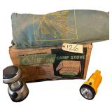 COLEMAN CAMP STOVE W/ ORIGINAL PACKAGING, THE RANGER TENT 1009, FLASHLIGHT, BATTERY OPERATED LANTERN
