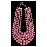 MID-CENTURY MULTI-STRAND FAUX PINK PEARL STATEMENT NECKLACE, 5 STRANDS OF BEADS