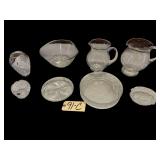 LENOX ETCHED LEAD CRYSTAL VASE, 3 SMALL BOHEMIAN LEAD CRYSTAL BOWLS, CLEAR GLASS DIVIDED TRAY, OVULAR SCALLOPED EDGE FROSTED GLASS BOWL, LARGER CLEAR GLASS SCALLOPED EDGE BOWL, ROUND CLEAR GLASS LEAF 