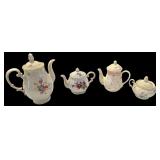 3 FLORAL PATTERN TEA PITCHERS: 1 BAVARIA TIRSCHENREUTH GERMANY W/ MATCHING SUGAR DISH; 1 MADE IN JAPAN MUSIC BOX; 1 DAYSPRING BRAND