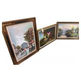 3 LARGE CANVAS PRINTS (LARGEST MEASURES APPROX. 45” X 32.5”): FLORAL SCENE, COUNTRY HOME SCENE, OLD TOWN HALL SCENE