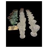 4 FOSTORIA JAMESTOWN PATTERN GOBLETS, 7 CLEAR STEM DRINKING GLASSES, 7 CLEAR GLASS SHERBETS