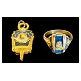 LADIES’ 10K YELLOW GOLD ROBERT E. LEE HIGH SCHOOL 1961 CLASS RING WITH DARK BLUE STONE, SIZE 5, 3.6 GRAMS, WITH LEE HIGH SCHOOL PENDANT MARKED KAYS JEWELERS
