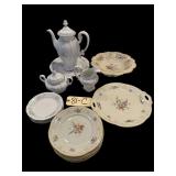 8 PIECES OF JOHANN HAVILAND BAVARIA GERMANY: PITCHER, CREAM AND SUGAR, SUPPER PLATES, 4 DESSERT PLATES; 8 PIECES OF BAVARIA TIRSCHENREUTH GERMANY: 6 DESSERT PLATES, DOUBLE-HANDLED SERVING PLATTER, SER