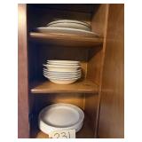 13 CORELLE PLATES, 9 OTHER ASSORTED BOWLS, 3 HAND-PAINTED PLATES, SERVING PLATTER