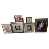 2 FLORAL OIL ON CANVAS PAINTINGS, 3 FRAMED FLORAL PRINTS, FRENCH SHEPHERD BOY PRINT
