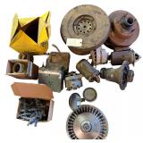 VINTAGE VEHICLE RADIOS, TRANSMISSION PARTS, VINTAGE HUBCAP, VINTAGE SIDE MIRROR, 1-1/4” X 12-1/2” GAUGE NAILS, ETC.