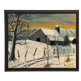 OIL ON BOARD BARN IN SNOW SCENE - APPROX. 25” X 32”