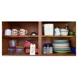 16 ASSORTED PLATES, SALT AND PEPPER SHAKERS, PEPPER MILL, ORNATE BUTTER KNIFE, COFFEE MUGS, BASKETS, 7 LIGHT BLUE BOWLS, CHOPPER, 4 DECORATIVE BOWLS, WATER GLASSES, VASES, STAINLESS STEEL MIXING BOWLS