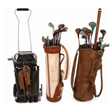 VINTAGE WALK-BEHIND GOLF BAG CARRIER; VINTAGE GOLF CLUBS IN BAG TO INCLUDE 1W, 3W, AND A SET OF PGA RYDER CUP IRONS; OTHER GOLF BAG W/ VINTAGE CLUBS TO INCLUDE NORTHWESTERN 1W, NORTHWESTERN 3W, MACGRE