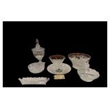 CLEAR PATTERN GLASSWARE TO INCLUDE: BAROQUE COLLECTION LEADED CRYSTAL CRACKER TRAY, GRAPE VINE PATTERN PUNCH BOWL W/ 11 CUPS, GRAPE PATTERN BOWL, OTHER GLASS BOWL, CAKE SERVER, RUFFLED EDGE BOWL, LARG
