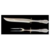 WALLACE ROSE POINT MEAT SERVING KNIFE AND FORK WITH STERLING SILVER HANDLES AND STAINLESS STEEL BLADES