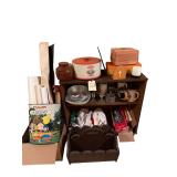BOX OF TINS TO INCLUDE VINTAGE PEANUTS, WOODEN MAGAZINE RACK, CANDLEHOLDERS, BOOKENDS, VINTAGE CAKE CARRIER, CRICKET BOX, BEER MUGS, SMALL WOODEN BOOKSHELF
