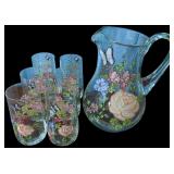 VINTAGE CLEAR GLASS HAND-PAINTED ROSE PITCHER W/ 6 MATCHING CLEAR GLASS CUPS