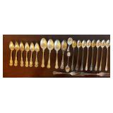 SILVER-PLATE LOT: 8 MATCHING LONG TEASPOONS, 4 MATCHING TABLE SPOONS, 6 MATCHING TEASPOONS, TWO FORKS, 1 SOUVENIR SPOON, ONE BENT HANDLED SPOON
