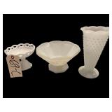 MILK GLASS CAKE PLATE, MILK GLASS GRAPE PATTERN FRUIT BOWL, MILK GLASS LACE EDGE FOOTED BOWL, MILK GLASS HOBNAIL FOOTED VASE, MILK GLASS LIDDED CANDY DISH