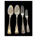 EARLY AMERICAN COIN SILVER, EASTMAN (POSSIBLY MOSES EASTMAN FROM SAVANNAH GA): TWO SERVING SPOONS, ONE LARGE FORK, ONE SMALLER FORK, SHELL PATTERN - MONOGRAMS ON BACK OF HANDLES - TOTAL WEIGHT: 219.2 