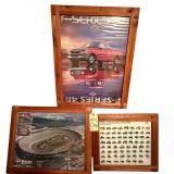 3 PRINTS IN WOODEN FRAMES: FORD TRACTORS, BRISTOL MOTOR SPEEDWAY, FORD F-SERIES ‘48/‘98; DR. BARKER’S HORSE LIGAMENT REPRODUCTION ADVERTISING THERMOMETER