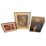 3 FRAMED PRINTS: CHILDREN IN SCHOOL SCENE, FLORAL SCENE, SUNRISE OVER OCEAN SCENE