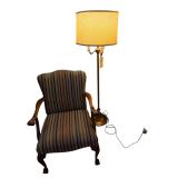 WOODEN ARMCHAIR (SHOWING WEAR) W/ UPHOLSTERED SEAT AND BACK CUSHION, ELECTRIC 3-BULB FLOOR LAMP (WORKING)