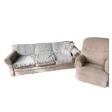 UPHOLSTERED SOFA AND ROCKER/RECLINER AS-IS; SHOWING HEAVY STAINING AND TEARS IN UPHOLSTERY