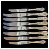 SET OF 6 MATCHING WALLACE ROSE POINT BUTTER KNIVES AND 2 SMALLER BUTTER KNIVES, 8 TOTAL, WITH STERLING SILVER HANDLES AND STAINLESS STEEL BLADES