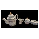 VINTAGE FLORAL & GOLD TRIM MINIATURE PORCELAIN TEA AND TRINKET SET: TEAPOT, SUGAR BOWL, CREAMER, TRINKET BOWL