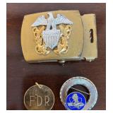 USS FRANKLIN D. ROOSEVELT PIN, 1967 FDR PENDANT, AND U.S. NAVAL OFFICER’S BELT BUCKLE; USS FRANKLIN D. ROOSEVELT AIRCRAFT CARRIER COMMISSIONED IN 1945 AND DECOMMISSIONED IN 1977