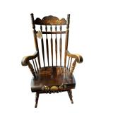 VINTAGE HARD ROCK MAPLE SPINDLE-BACK ROCKING CHAIR - FLORAL MOTIF & HARVEST MOTIF