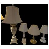 2 MILK GLASS ELECTRIC LAMPS, BRASS ELECTRIC LAMP, ALABASTER STYLE ELECTRIC LAMP, BRASS FLOOR LAMP