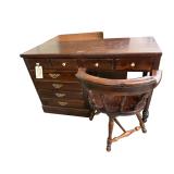 DARK WOOD VINTAGE KNEEHOLE WRITING DESK W/ 4 DRAWERS - APPROX. 31” TALL X 48” WIDE X18.5” DEEP; WOODEN BARREL STYLE CHAIR