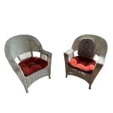 2 WHITE WICKER ARMCHAIRS, GLASS-TOP/IRON BASE WICKER TABLE