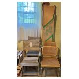 2 WOODEN FOLDING CHAIRS (1 AS-IS), 2 METAL BASE WOVEN CHAIRS (BOTH AS-IS), TWO DOOR WOOD BIFOLD UNIT